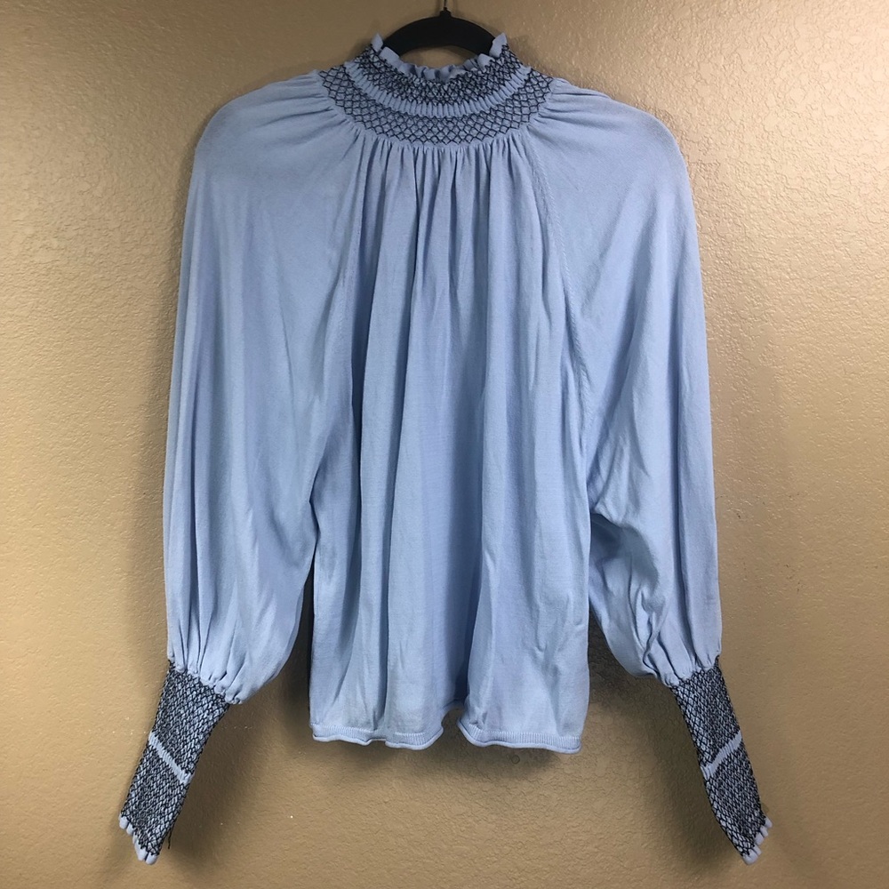 Zara light blue smocked dolman turtleneck. - Picture 5 of 11